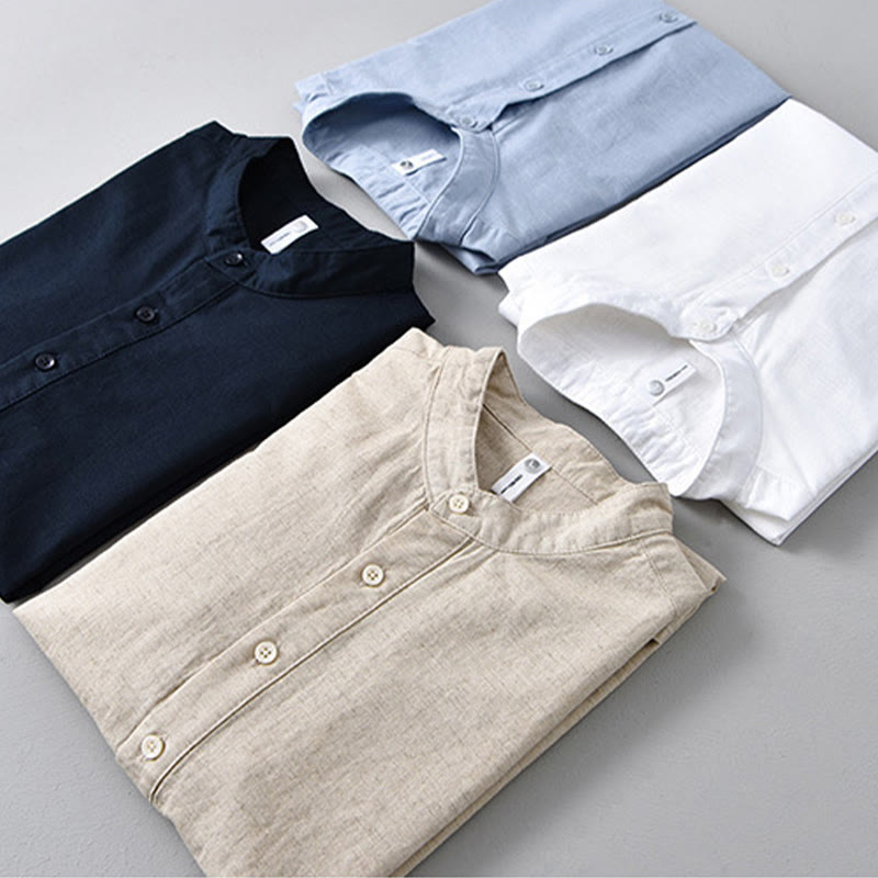 Buddha Stones Summer Solid Color Men's Half Button Short Sleeve Cotton Linen Shirt