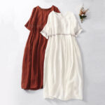 Buddha Stones Solid Color Embroidery Short Sleeve Cotton Midi Dress With Pockets