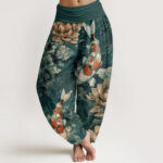 Buddha Stones Pure Cotton Colorful Koi Fish Lotus Flowers Design Women's Elastic Waist Harem Pants