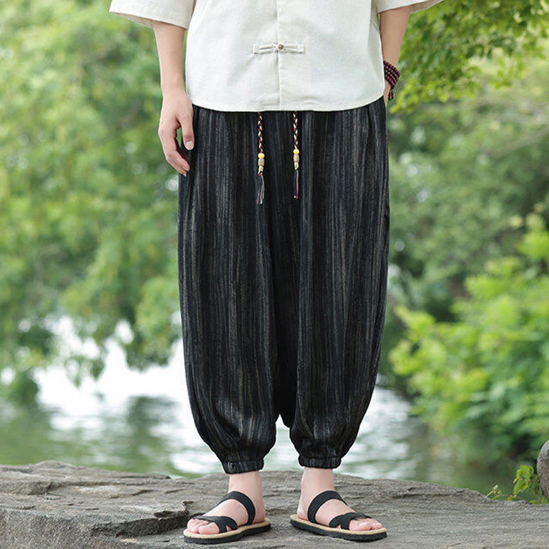 Buddha Stones Summer Black Stripes Drawstring Men's Harem Pants With Pockets
