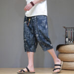 Buddha Stones Summer Bamboo Leaves Flowers Cotton Linen Men's Capri Pants With Pockets