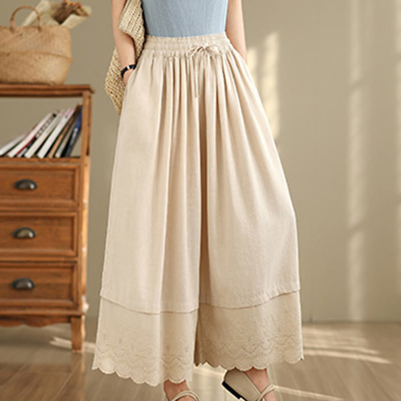 Buddha Stones Spring Embroidery Lace Hem Patchwork Drawstring Design Women's Wide Leg Cotton Pants With Pockets
