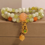 Buddha Stones Double Wrap Gourd Pumpkin Green Grape Serpentine Jade Luck Bracelet
