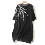 Buddha Stones Casual Embroidery Split Three Quarter Sleeve Midi Dress