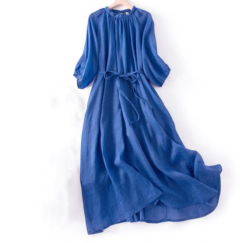 1751615004_570f0ae4-c16d-4e39-aa26-237e4881ef66 Buddha Stones Plain Drawstring Three Quarter Puff Sleeve Cotton Linen Midi Dress With Pockets - Image 1