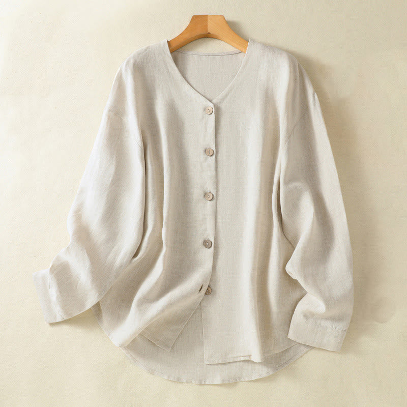 Buddha Stones Spring Plain Buttons Design V-Neck Long Sleeve Women's Shirt