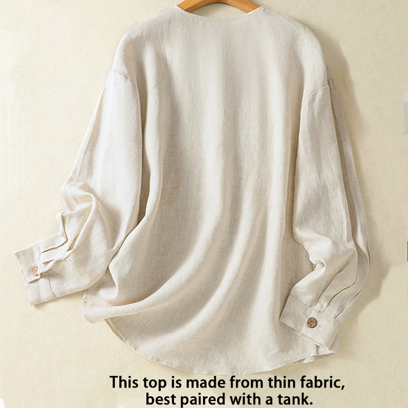 Buddha Stones Spring Plain Buttons Design V-Neck Long Sleeve Women's Shirt