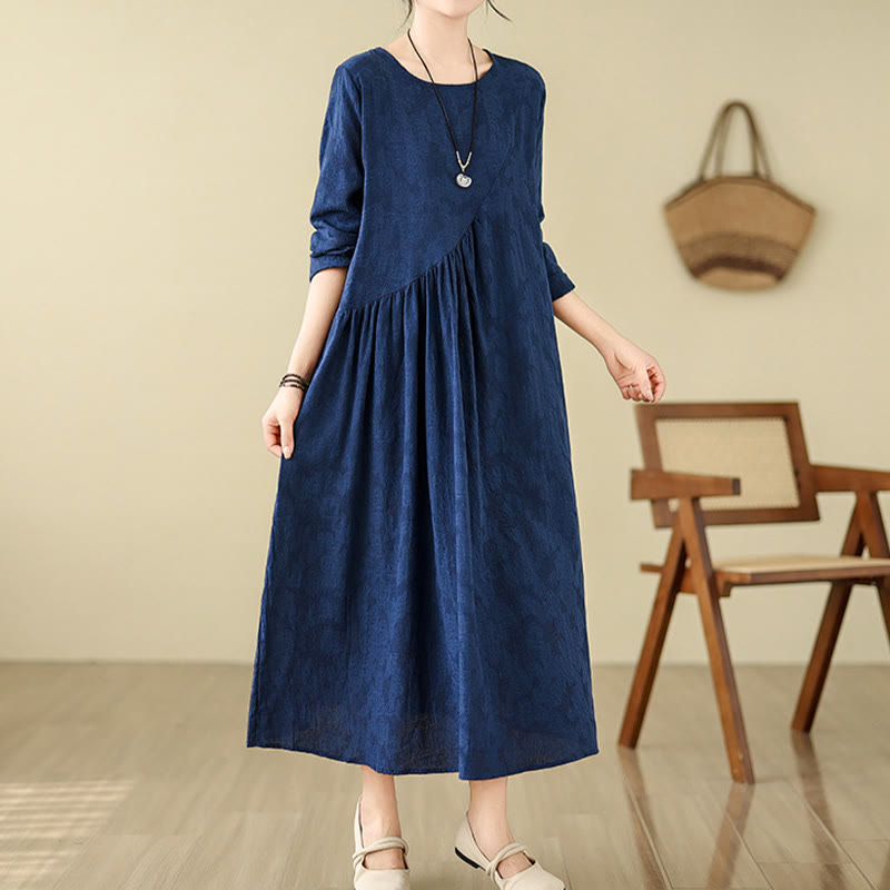 1754399178_33850c30-d4fd-4d8c-b1d8-08ac55729e64 Buddha Stones Plain Jacquard Flower Irregular Long Sleeve Cotton Linen Midi Dress With Pockets - Image 1