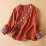 Buddha Stones Casual Embroidered Flowers Slant Collar Strap Long Sleeve Women's Shirt