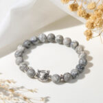 Buddha Stones Cute Cat Natural Grey Jasper Bead Healing Bracelet