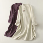 Buddha Stones Spring Diagonal Closure Frog Buttons Design Cotton Long Sleeve Midi Dress