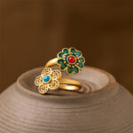 Buddha Stones Double Petals Copper Dripping Turquoise Wealth Ring