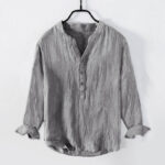 Buddha Stones Solid Color Long Sleeve Half Button Shirt Cotton Linen Men Clothing