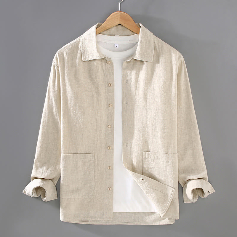 1757500941 Buddha Stones Solid Color Long Sleeve Buttons Shirt Men Ramie Cotton Clothing With Pockets - Image 1