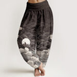 Buddha Stones Pure Cotton Casual Wave Moon Mountain Pattern Women's Elastic Waist Harem Pants