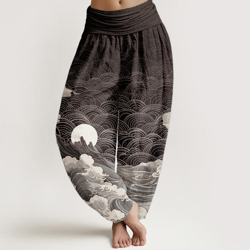 1758097957 Buddha Stones Pure Cotton Casual Wave Moon Mountain Pattern Women's Elastic Waist Harem Pants - Image 1