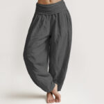 Buddha Stones Solid Color DimGray Pure Cotton Women's Elastic Waist Harem Pants