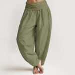 Buddha Stones Solid Olivedrab Women's Elastic Waist Harem Pure Cotton Pants