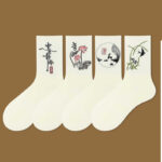 Buddha Stones Casual Lotus Pavilion Deer Peaceful Character Swallows Micro Crew Women's Socks