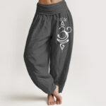 Buddha Stones Lotus Flower Unalome Symbol Pattern Pure Cotton Women's Elastic Waist Harem Pants