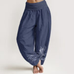 Buddha Stones Crane Flowing Water Pattern Women's Elastic Waist Harem Cotton Pants