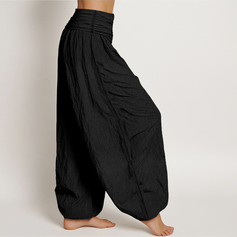 Buddha Stones Yin Yang Hand Pattern Women's Elastic Waist Harem Cotton Pants