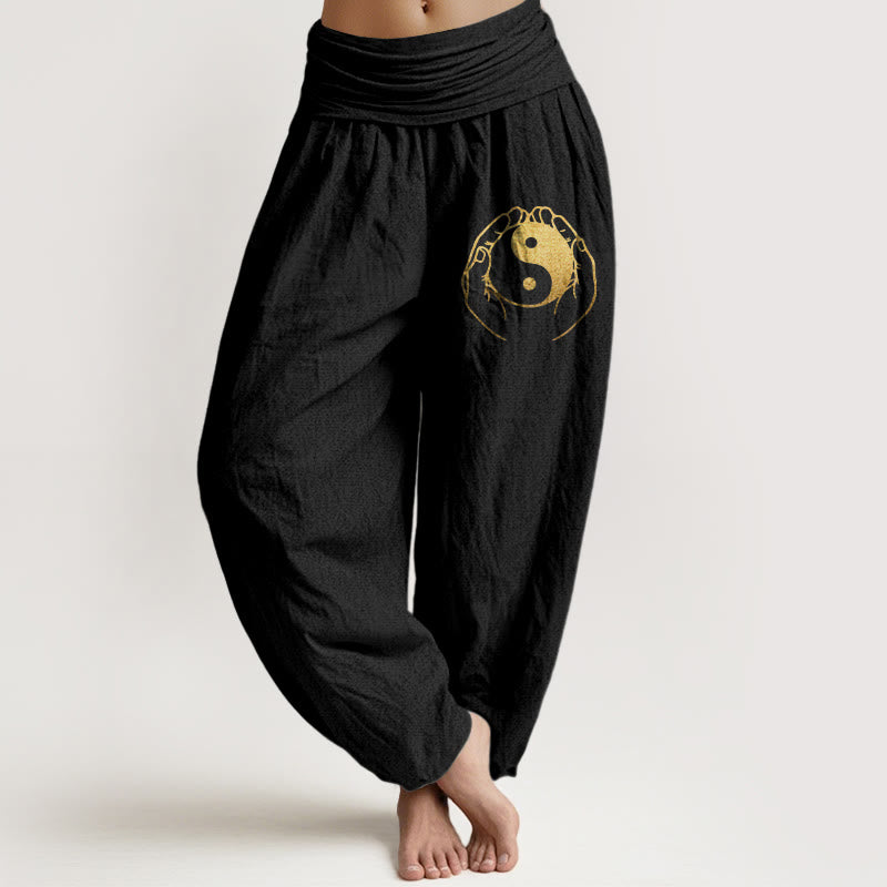 Buddha Stones Yin Yang Hand Pattern Women's Elastic Waist Harem Cotton Pants