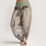 Buddha Stones Pure Cotton Casual Red-crowned Crane Pine Tree Mountain Women's Elastic Waist Harem Pants