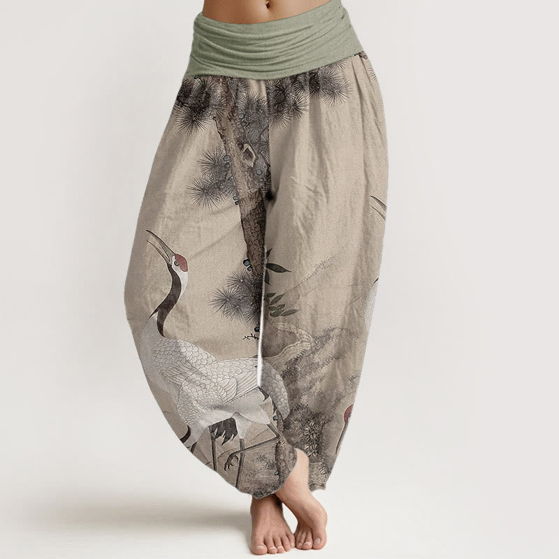 1759229383 Buddha Stones Pure Cotton Casual Red-crowned Crane Pine Tree Mountain Women's Elastic Waist Harem Pants - Image 1