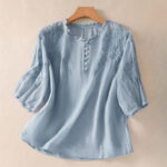 Buddha Stones Casual Plain Button Floral Embroidered Design Puff Half Sleeve Women's Shirt