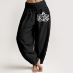 Buddha Stones Lotus Flower Om Symbol Pattern Women's Elastic Waist Harem Pure Cotton Pants