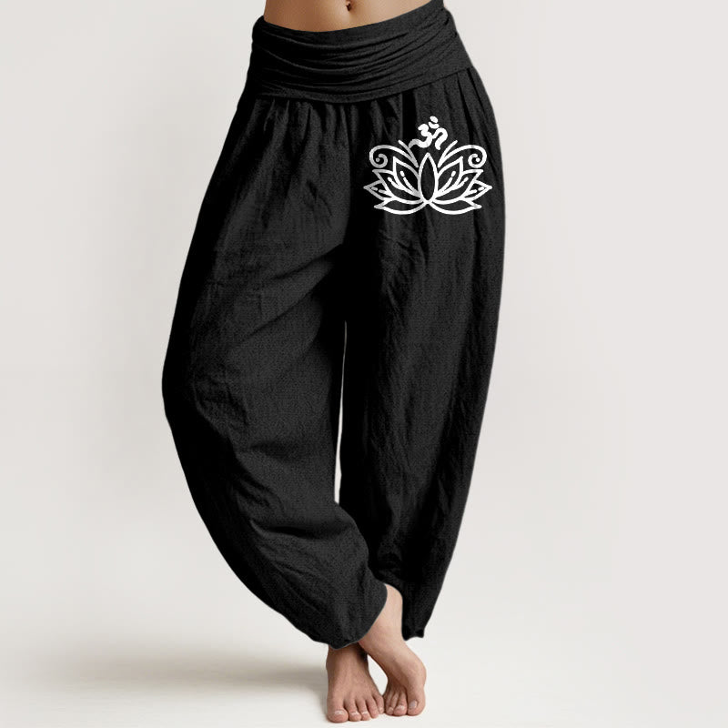 1760175824_58ef8384-5589-43b8-b441-142a61248b7b Buddha Stones Lotus Flower Om Symbol Pattern Women's Elastic Waist Harem Pure Cotton Pants - Image 1