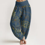 Buddha Stones Print Lotus Flowers Leaves Pattern Women's Elastic Waist Harem Cotton Pants