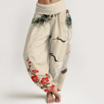 Buddha Stones Print Cranes Plum Blossoms Pattern Women's Elastic Waist Harem Cotton Pants