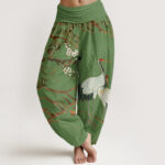 Buddha Stones Print Plum Blossoms Cranes Pine Trees Pattern Women's Elastic Waist Harem Cotton Pants
