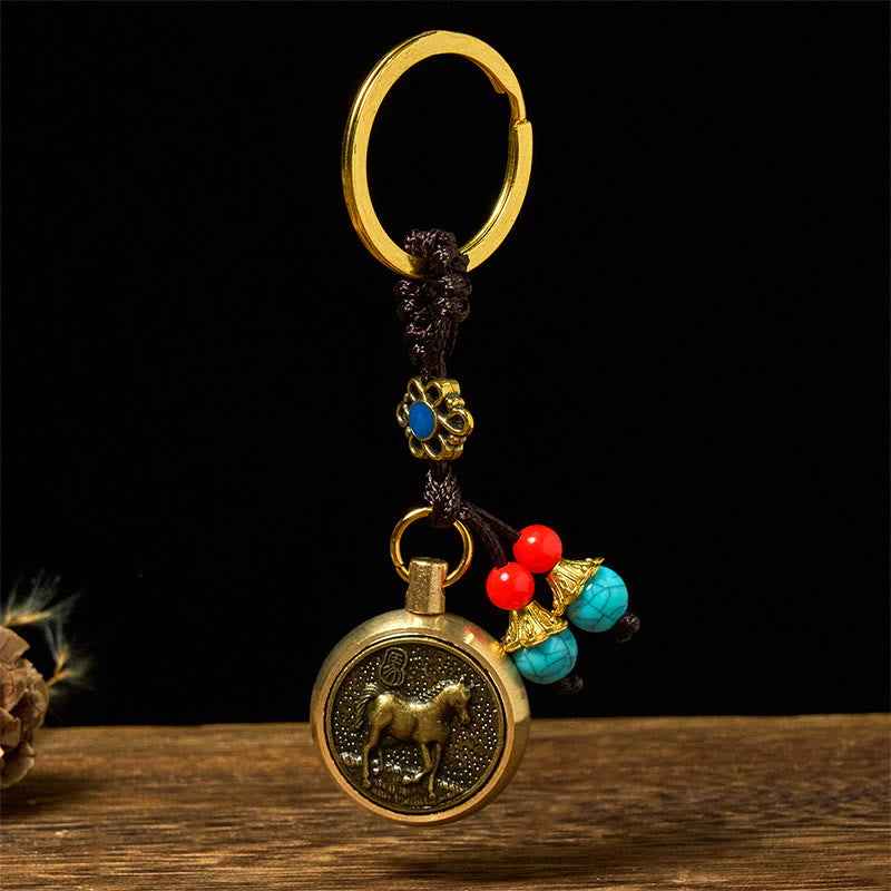Buddha Stones Year of the Horse Bringing in Wealth and Treasure Brass Key Chain