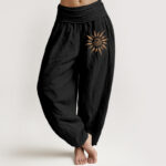 Buddha Stones Spiral Center Sun Pattern Women's Elastic Waist Harem Pure Cotton Pants