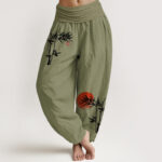 Buddha Stones Bamboo Leaves Red Sun Pattern Women's Elastic Waist Harem Pure Cotton Pants