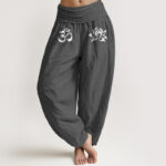 Buddha Stones Solid Color Pure Cotton Lotus Om Symbol Pattern Women's Elastic Waist Harem Pants