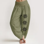 Buddha Stones Solid Color Pure Cotton Sun Om Symbol Pattern Women's Elastic Waist Harem Pants