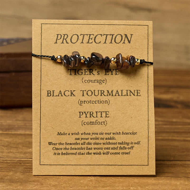 Buddha Stones Tiger Eye Black Tourmaline Pyrite Protection Card Rope Bracelet