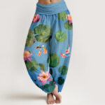 Buddha Stones Print Pure Cotton Koi Fish Pattern Women's Elastic Waist Harem Pants