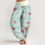 Buddha Stones Print Koi Fishes Waves Pattern Women's Elastic Waist Harem Pure Cotton Pants