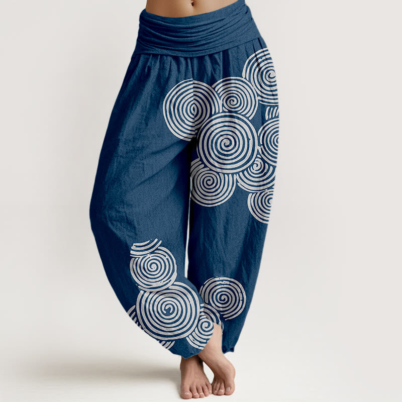 1761133153_d2b34d0b-21c8-422e-a793-a4a5e9450043 Buddha Stones Printed White Spiral Pattern Women's Elastic Waist Harem Pure Cotton Pants - Image 1