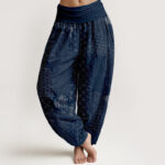 Buddha Stones Geometric Pattern Women's Elastic Waist Harem Pure Cotton Printed Pants