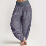 Buddha Stones Pure Cotton Casual Bamboo Rock Ink Painting Women's Elastic Waist Harem Pants