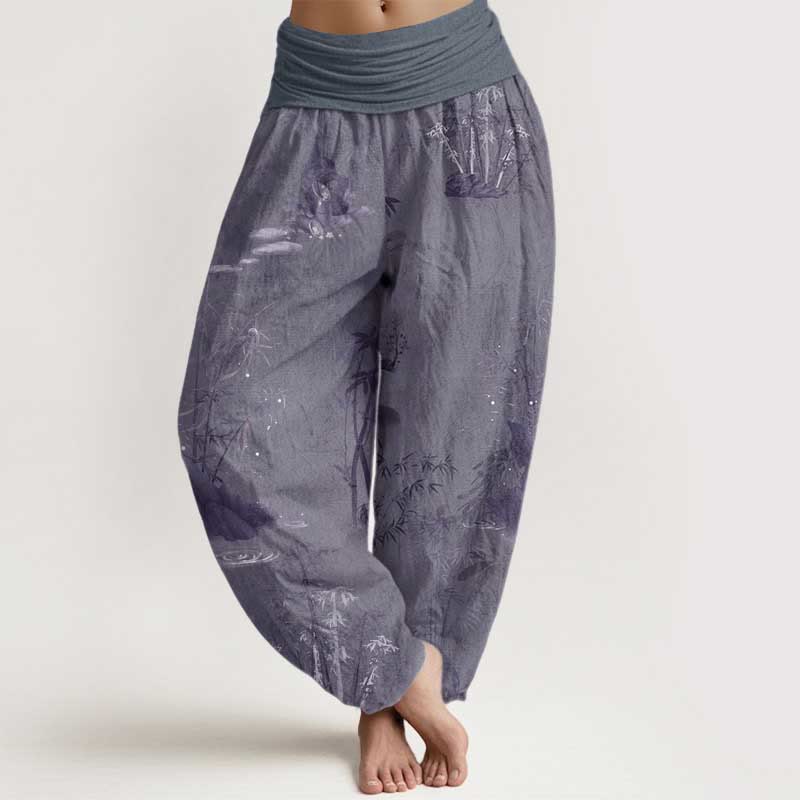 1761650914 Buddha Stones Pure Cotton Casual Bamboo Rock Ink Painting Women's Elastic Waist Harem Pants - Image 1