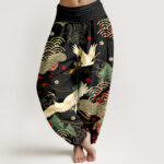 Buddha Stones Print Crane Auspicious Clouds Flowers Pattern Women's Elastic Waist Harem Cotton Pants