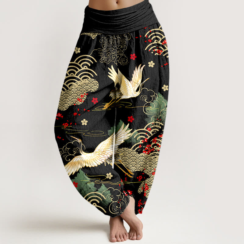 1761720088.jpg Buddha Stones Print Crane Auspicious Clouds Flowers Pattern Women's Elastic Waist Harem Cotton Pants
