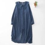Buddha Stones Fall Plain DarkBlue Long Sleeve Corduroy Midi Dress With Pockets